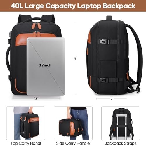 Travel Backpack, 17Inch Laptop Backpack, Carry-on Approved Bag for Men & Women, Waterproof Luggage with Packing Cubes, Shoe Pocket, Personal Item Size for Flights - Image 4