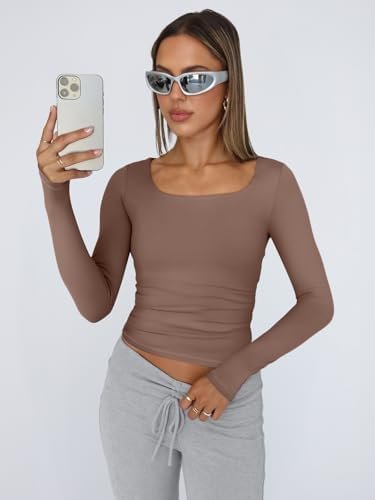 Trendy Queen Womens Long Sleeve Shirts Crop Tops Square Neck Going Out Basics Tees Y2K Winter Clothes 2025 - Image 2