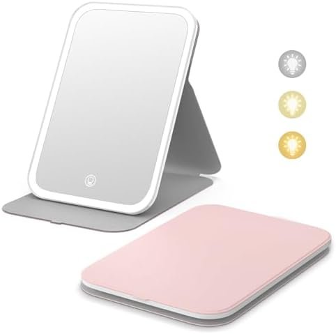 Kintion Travel Makeup Mirror, Portable LED Lighted Makeup Mirror, 360° Rotation Touch Screen Vanity Mirror, 60 LEDs, 3-Color Dimmable Lighting, Rechargeable Tabletop Folding Cosmetic Mirror, Pink