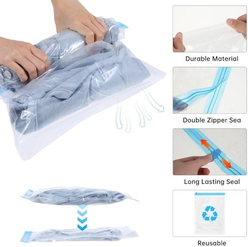 6 Pack Vacuum Bags for Travel Compression Bags for Travel Space Saver Vacuum Storage Bags for Clothes Travel Essentials No Pump Needed Travel Vacuum Bags for Luggage Travel Accessories, 35x50cm Medium - Image 4