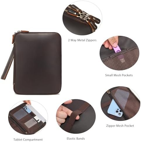 LANNSYNE Full Grain Leather Travel Cable Accessories Bag, Electronic Organizer Carry Case Double Layer Storage Case for Cables, Charger, Phone, Power Bank - Image 5