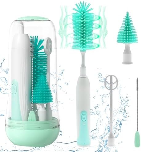 Electric Bottle Brush Cleaner, Electric Baby Bottle Brush for Travel with Replaceable Silicone Bottle Brushes,Nipple and Straw Brush, Bottle Brush Set with Drainage Rack and Storage Box