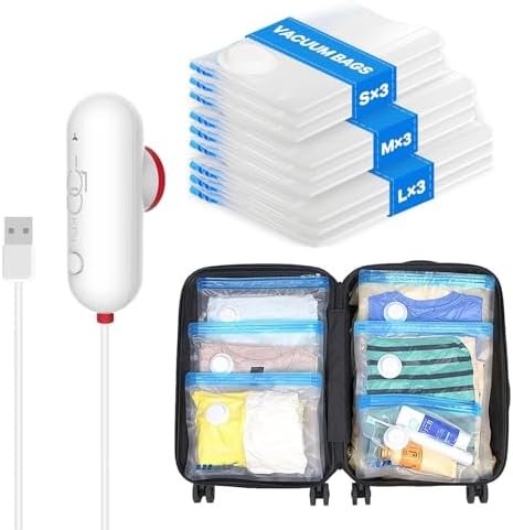 VMstr 9 Pack Travel Vacuum Storage Bags with USB Pump, Vacuum Packing Seal Bags for Luggage, Carry-on Size Space Saver for Clothes and Clothing Travel