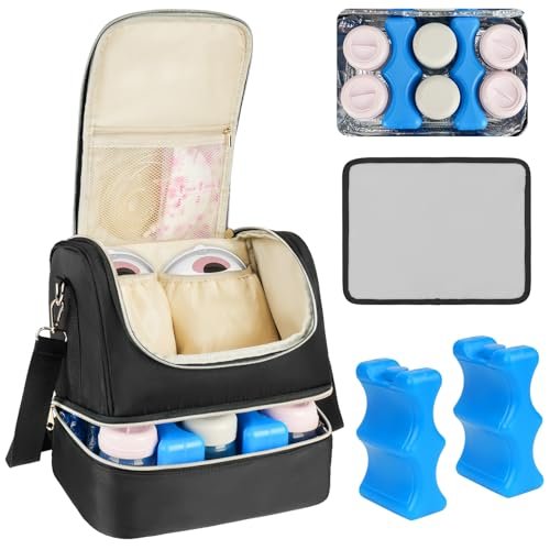 Wearable Breast Pump Bag with Cooler Compartment Fits for Willow/Elvie/Momcozy M5/S12 Pro/Medela, Breast Milk Travel Tote Bag with Ice Pack & Waterproof Mat,Black