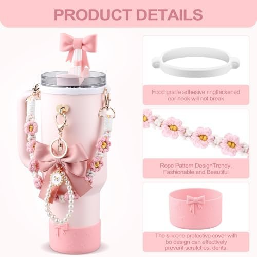 Valentine's Day Stanley Cup Accessories Set Water Bottle Handle Strap, Siliocne Stanley Cup Boot, Bow Straw Cover, Pearl Stanley Charms, Straw Topper for Stanley Cup 40oz & 30oz Tumbler (Pink) - Image 2