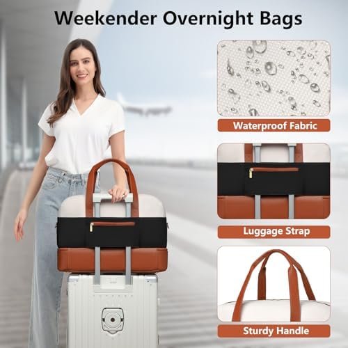 Weekender Travel Women Duffle Bags: Large Duffel Overnight Bag for Womens Weekend Personal Carry On Tote Bag with Shoe Compartment and Trolley Sleeve For Hospital Gym Traveling Work White-Black-Brown - Image 4