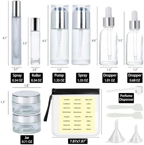 15Pack Glass Travel Bottles for Toiletries, TSA Approved Travel Skincare Containers 1.35/0.7/1 oz Silver Mini Travel Bottles with Label, BPA Free Leak Proof with Pump Spray Bottles for Skincare - Image 5