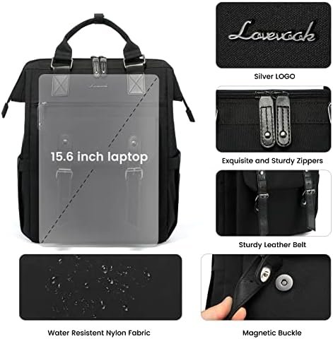 LOVEVOOK Laptop Backpack for Women, Teacher Nurse Bag Work Travel Computer Backpacks Purse,Water Resistant Daypack with USB Charging Port, 15.6 inch Black - Image 2