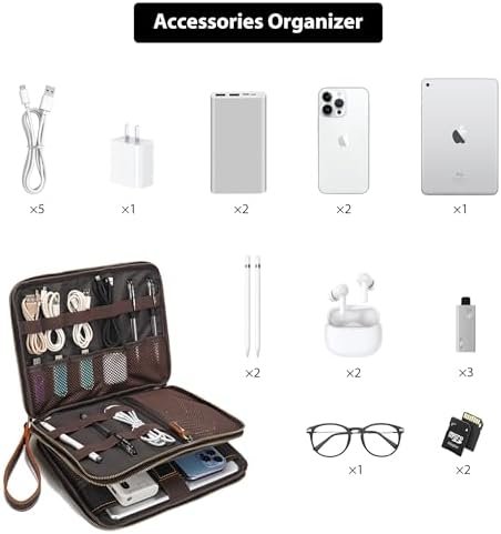 LANNSYNE Full Grain Leather Travel Cable Accessories Bag, Electronic Organizer Carry Case Double Layer Storage Case for Cables, Charger, Phone, Power Bank - Image 3