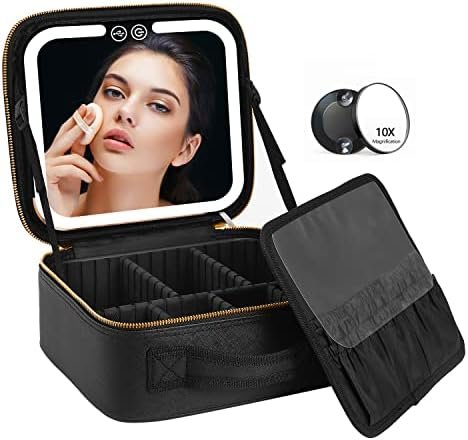 VANMRIOR Travel Makeup Bag with LED Lighted Make up Case with Mirror 3 Color Setting Cosmetic Makeup Box Organizer Vanity Case for Women Beauty Tools Accessories Case Rechargeable