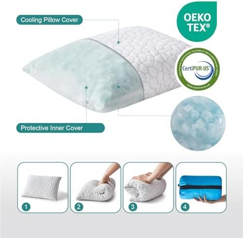 Cooling Shredded Gel Memory Foam Pillow for Travel & Camping- Adjustable for Contoured Support - Small Portable Pillow Ideal for Office Nap, Camping, Travel, Car, Airplane,Backpacking - Image 2