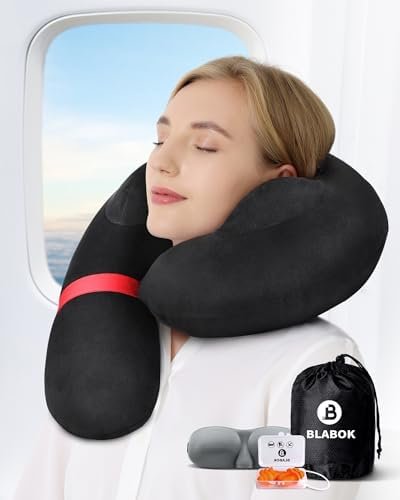 Travel Neck Pillow for Airplane, Travel Pillow Support Head and Neck, Comfortable & Washable Cover, Inflatable Neck Pillow for Traveling,Car,Office,Home (Black)