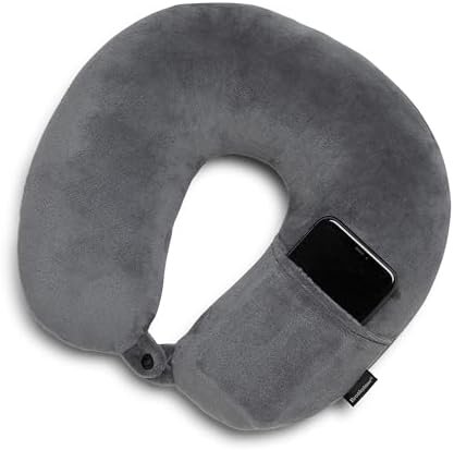 Brookstone Microbead Travel Head and Neck Pillow Lightweight and Plush with Phone or Headphone Pocket, Dark Grey - Image 4