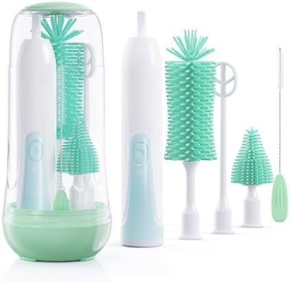 Festiva Electric Bottle Brush Cleaner - Baby Bottle Brush Set with Bottle Brush, Mixing Head, Nipple & Straw Brush, Baby Travel Essential, (Green)