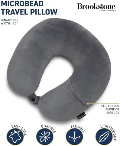 Brookstone Microbead Travel Head and Neck Pillow Lightweight and Plush with Phone or Headphone Pocket, Dark Grey - Image 2