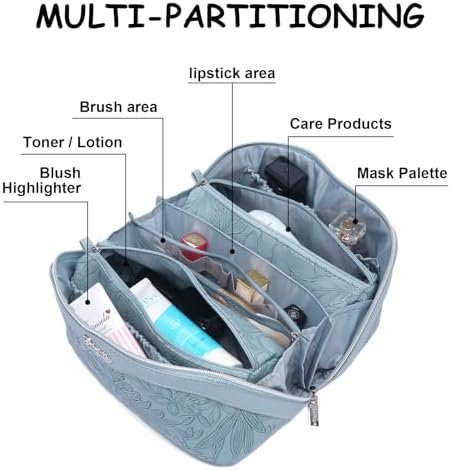 Travel Makeup Bags Cosmetic Organizer Bag: 3-Set Large Capacity Make up Bag - PU Leather Toiletry Bag for Women - Wide Open Portable Pouch with Divider & Handle (01-Light Blue) - Image 8