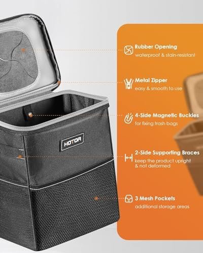 HOTOR Car Trash Can with Lid and Storage Pockets - 100% Leak-Proof Organizer, Waterproof Garbage Can, Multipurpose Trash Bin for Car, 2 Gallons, Black - Image 3