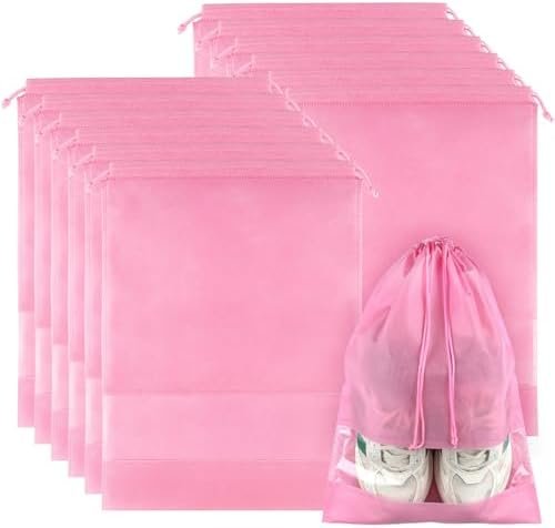 12 Pack Shoe Bags for Travel, Large Travel Shoe Bags for Packing with Clear Window, Dustproof Drawstring Travel Shoe Storage Bags Travel Essentials for Men & Women, Pink