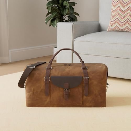 Oversized Travel Duffel Bag Waterproof Canvas Genuine Leather Weekend bag Weekender Overnight Carryon Hand Bag Brown - Image 7