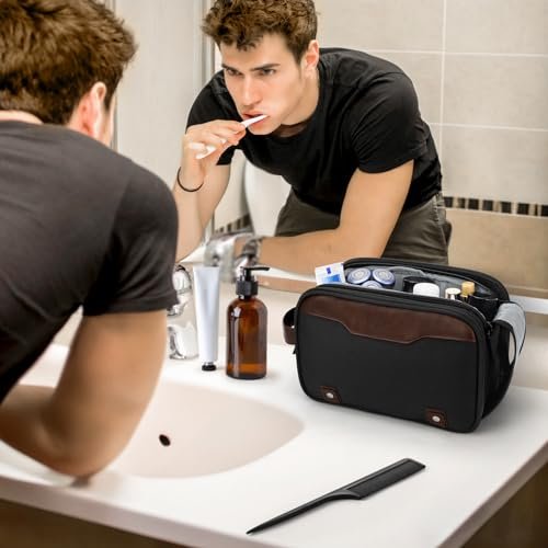 Wedama Toiletry Bag for Men, Medium Hanging Travel Toiletry Bag, Extra Electronic Organizer Bag Waterproof Travel Bag for Toiletries with PU Handle for Travel Business Trips Swim Camping, Black&Brown - Image 7