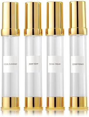 Golden Airless Pump Bottle Travel Set with Box Refillable Empty Cosmetic Pump Bottle Vacuum Bottles for Liquids Such as Hand Soap,Toner,Foundation,Hair Oil,Lotion and Cream(1oz/30ml,4 Pack)