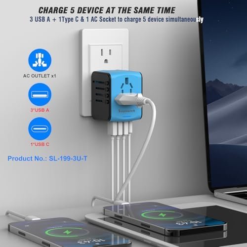 Travel Adapter Worldwide, Universal International Power Plug Adapter W/2.4A 3xUSB-A and 3.0A Type-C Wall Charger, European Travel Plug Adapter for Europe UK EU US CA AU Italy Asia-Blue - Image 2