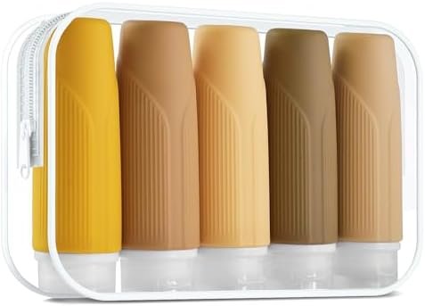 3 Oz Silicone Travel Bottles for Toiletries - Set of 5 TSA Approved Travel Bottles Leak Proof & Squeezable - Toiletry Bottles with Zipper Bag & Stickers for Shampoo Conditioner Lotion (Brown)