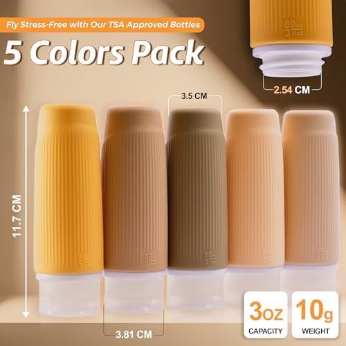 3 Oz Silicone Travel Bottles for Toiletries - Set of 5 TSA Approved Travel Bottles Leak Proof & Squeezable - Toiletry Bottles with Zipper Bag & Stickers for Shampoo Conditioner Lotion (Brown) - Image 7