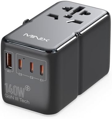 MINIX 140W Universal Travel Adapter, GaN III International Power Adapter, 3 USB-C 1 USB-A Ports, AC Outlet, Worldwide US/UK/EU/AU Travel Charger for Cameras Laptops Tablets Phones and More