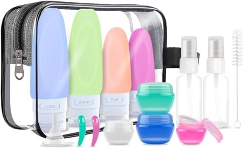 15 Pcs Travel Bottles Set for Toiletries, TSA Approved Silicone Leak Proof Travel Container, Refillable Travel Accessories with Optional Tag for Business, Personal Travel, Fun Outdoors