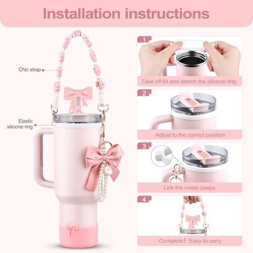 Valentine's Day Stanley Cup Accessories Set Water Bottle Handle Strap, Siliocne Stanley Cup Boot, Bow Straw Cover, Pearl Stanley Charms, Straw Topper for Stanley Cup 40oz & 30oz Tumbler (Pink) - Image 6