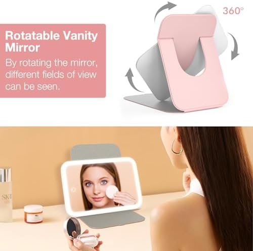 Kintion Travel Makeup Mirror, Portable LED Lighted Makeup Mirror, 360° Rotation Touch Screen Vanity Mirror, 60 LEDs, 3-Color Dimmable Lighting, Rechargeable Tabletop Folding Cosmetic Mirror, Pink - Image 5