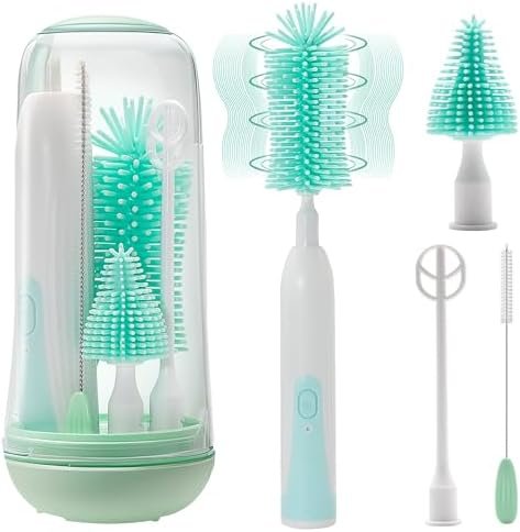 Electric Bottle Brush Cleaner, Rechargable Electric Baby Bottle Brush for Travel, Waterproof Electric Bottle Cleaner Set with Nipple & Straw Brush, Perfect Essentials Gift for Mom After Birth, Green