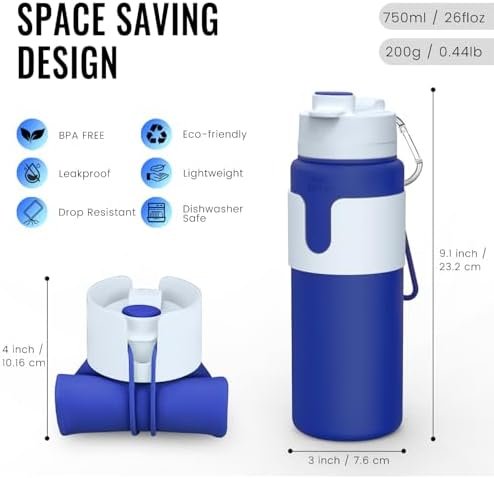 Nefeeko Collapsible Water Bottle, BPA Free 26oz Foldable Water Bottle for Travel Sports, Leak-Proof Spill-Proof Portable Water Bottles with Carabiner, Lightweight - Image 2