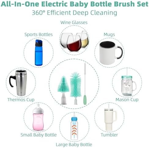 Electric Bottle Brush Cleaner, Rechargable Electric Baby Bottle Brush for Travel, Waterproof Electric Bottle Cleaner Set with Nipple & Straw Brush, Perfect Essentials Gift for Mom After Birth, Green - Image 4