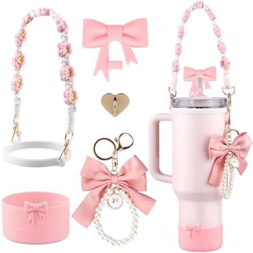 Valentine's Day Stanley Cup Accessories Set Water Bottle Handle Strap, Siliocne Stanley Cup Boot, Bow Straw Cover, Pearl Stanley Charms, Straw Topper for Stanley Cup 40oz & 30oz Tumbler (Pink)