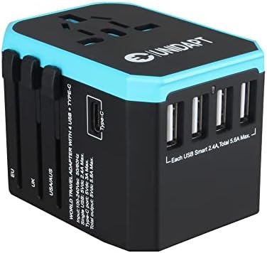 Unidapt Universal Travel Adapter One International Wall Charger AC Plug Adaptor with 5.6A Smart Power and 3.0A USB Type-C for USA EU UK AUS (UA-101, Blue)