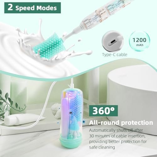 Electric Bottle Brush Cleaner, Electric Baby Bottle Brush for Travel with Replaceable Silicone Bottle Brushes,Nipple and Straw Brush, Bottle Brush Set with Drainage Rack and Storage Box - Image 5