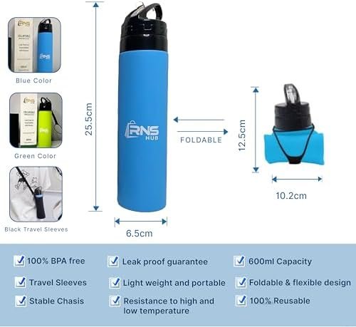 Collapsible Water Bottles Set- 600ml Silicone BPA-Free Leak-Proof Lid Travel Bottles with Sleeves - Reusable Lightweight Foldable Bottle for Travel Hiking Gym Beach Essentials (Blue) - Image 4