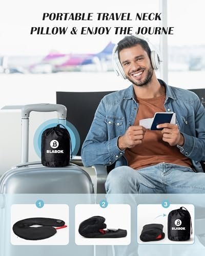 Travel Neck Pillow for Airplane, Travel Pillow Support Head and Neck, Comfortable & Washable Cover, Inflatable Neck Pillow for Traveling,Car,Office,Home (Black) - Image 7