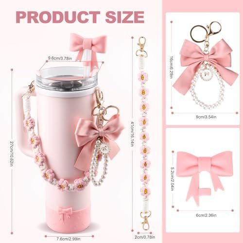 Valentine's Day Stanley Cup Accessories Set Water Bottle Handle Strap, Siliocne Stanley Cup Boot, Bow Straw Cover, Pearl Stanley Charms, Straw Topper for Stanley Cup 40oz & 30oz Tumbler (Pink) - Image 5