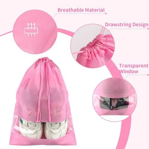 12 Pack Shoe Bags for Travel, Large Travel Shoe Bags for Packing with Clear Window, Dustproof Drawstring Travel Shoe Storage Bags Travel Essentials for Men & Women, Pink - Image 3