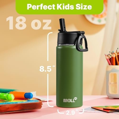 Kids Insulated Water Bottle with Straw-18 oz Stainless Steel Double Wall Vacuum Wide Mouth Water Bottle for School-Metal Travel Water Flask with Silicone Boot (Grass Green) - Image 4