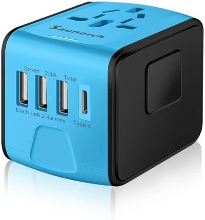 Travel Adapter Worldwide, Universal International Power Plug Adapter W/2.4A 3xUSB-A and 3.0A Type-C Wall Charger, European Travel Plug Adapter for Europe UK EU US CA AU Italy Asia-Blue