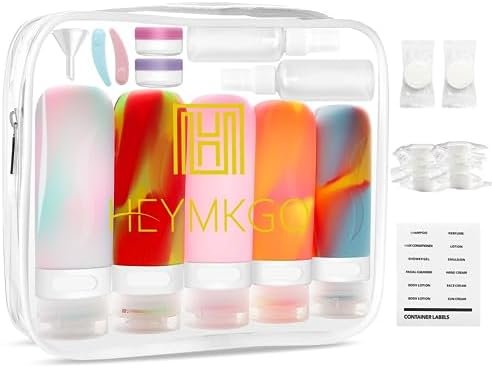 HEYMKGO 24 Pack Travel Bottles Set for Toiletries with Bag Label Tsa Approved 3oz Silicone Travel Containers Leak Proof Shampoo and Conditioner Bottles Jars Kit