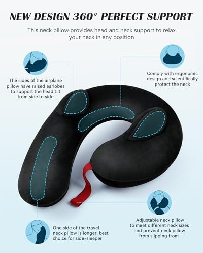 Travel Neck Pillow for Airplane, Travel Pillow Support Head and Neck, Comfortable & Washable Cover, Inflatable Neck Pillow for Traveling,Car,Office,Home (Black) - Image 2