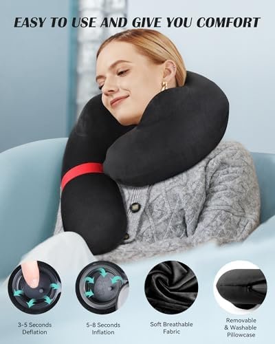 Travel Neck Pillow for Airplane, Travel Pillow Support Head and Neck, Comfortable & Washable Cover, Inflatable Neck Pillow for Traveling,Car,Office,Home (Black) - Image 3