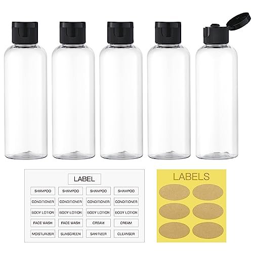 LISAPACK 3.4 oz Travel Bottles for Toiletries, 5pcs Travel Containers for Shampoo Tsa Approved, Plastic Empty Travel Size Bottles (100ml, Clear)