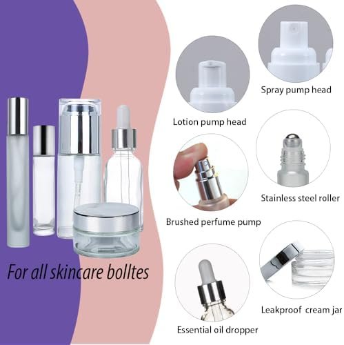 15Pack Glass Travel Bottles for Toiletries, TSA Approved Travel Skincare Containers 1.35/0.7/1 oz Silver Mini Travel Bottles with Label, BPA Free Leak Proof with Pump Spray Bottles for Skincare - Image 4