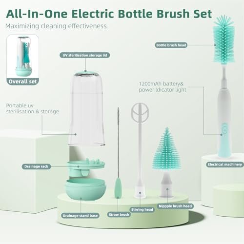 Electric Bottle Brush Cleaner, Electric Baby Bottle Brush for Travel with Replaceable Silicone Bottle Brushes,Nipple and Straw Brush, Bottle Brush Set with Drainage Rack and Storage Box - Image 4